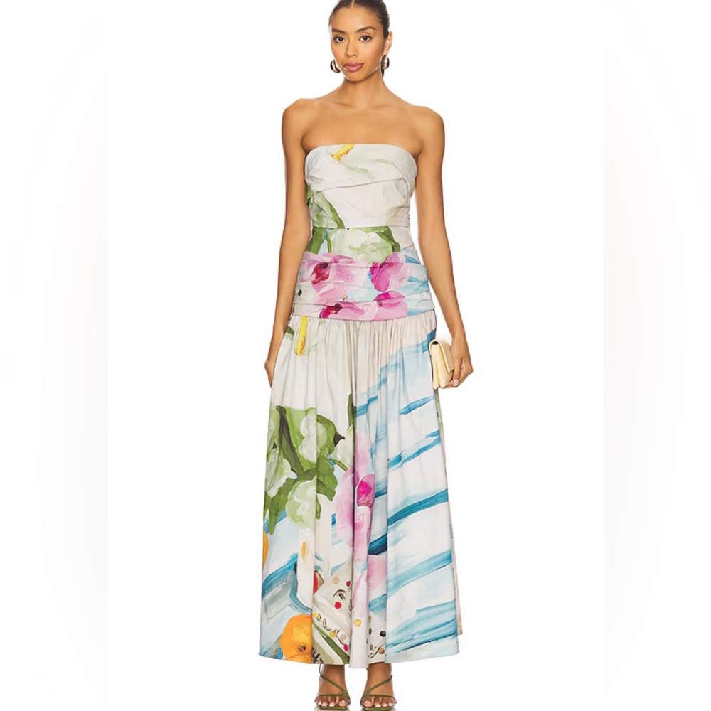 Strapless Floral Watercolor Maxi Dress - White with Pink & Blue